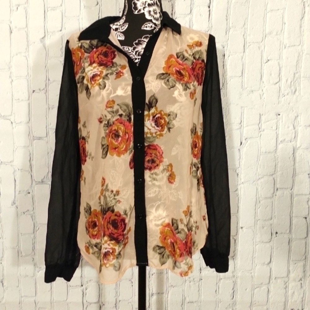 Forever 21 Cream Floral Sheer Black Sleeve Blouse Small